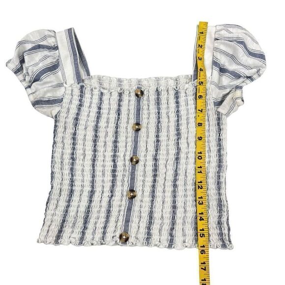 Mudd Womens Striped Button Front Smocked Puff Sleeve Top White Blue Size Small - Picture 7 of 14